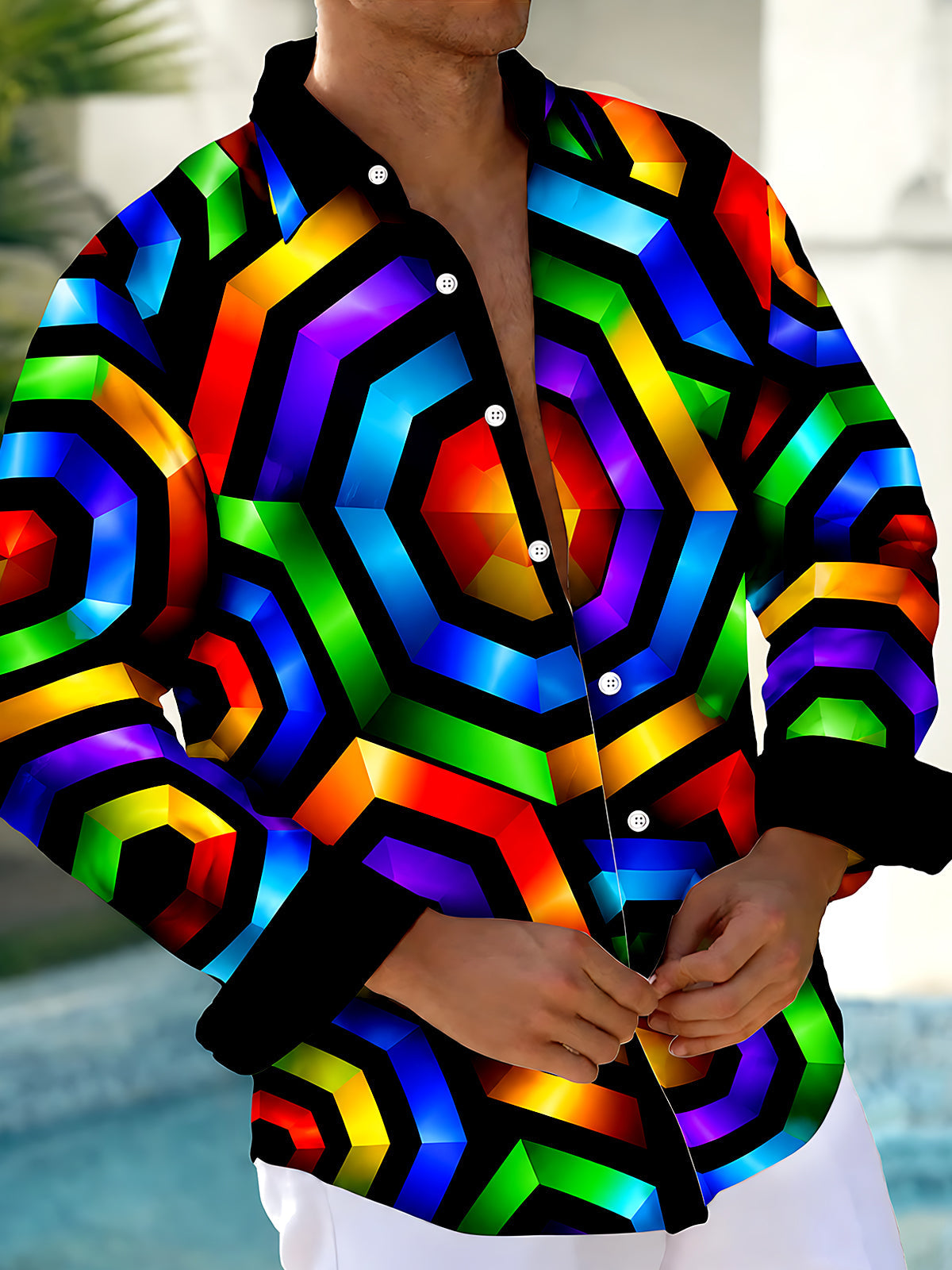 Adaychic Men's 3D Neon Geometric 3D Hexagon Pattern Long Sleeve Shirt with Chest Pocket