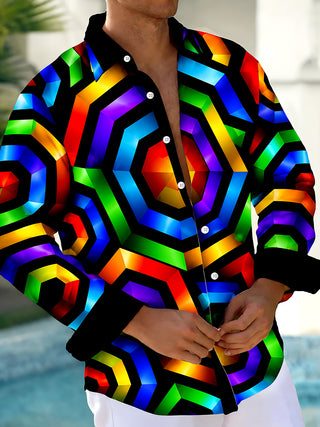 Adaychic Men's 3D Neon Geometric 3D Hexagon Pattern Long Sleeve Shirt with Chest Pocket