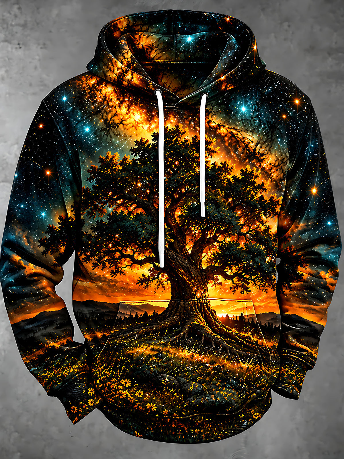 Adaychic Men's Long Sleeve Hoodie - Glowing Tree Of Life With Starry Sky And Sunset Landscape Print
