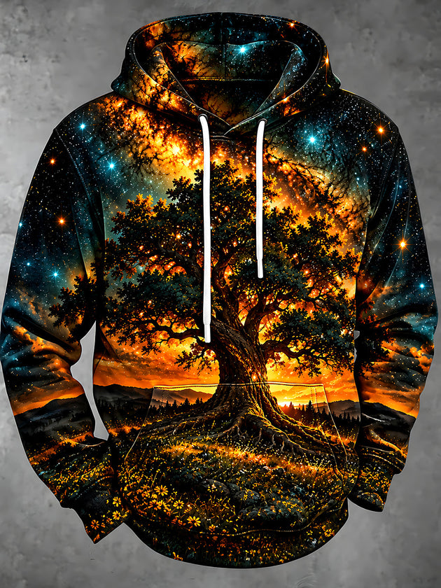 Adaychic Men's Long Sleeve Hoodie - Glowing Tree Of Life With Starry Sky And Sunset Landscape Print