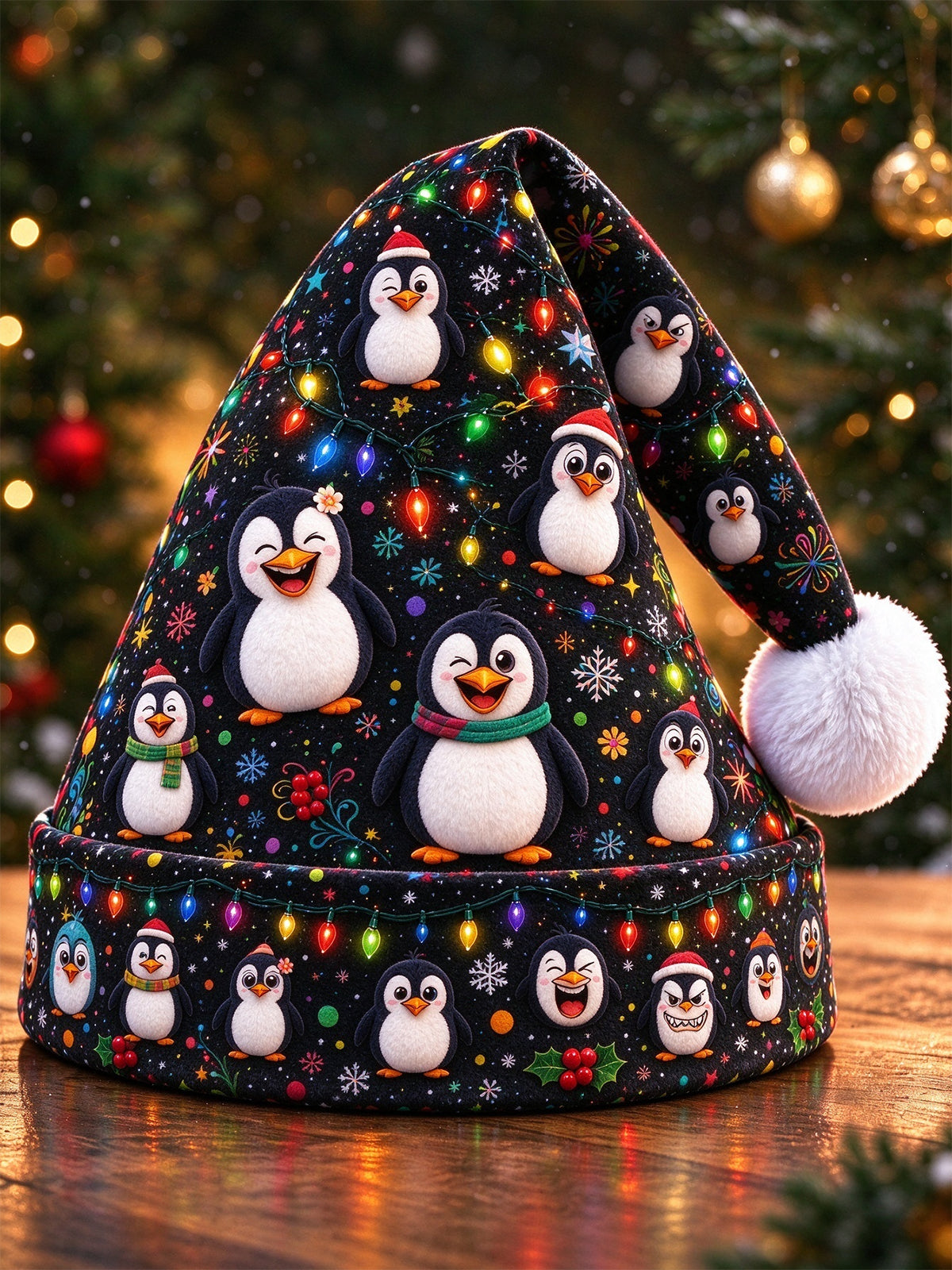 Adaychic Men's Cute Penguins With Christmas Lights And Snowflakes Print Hat
