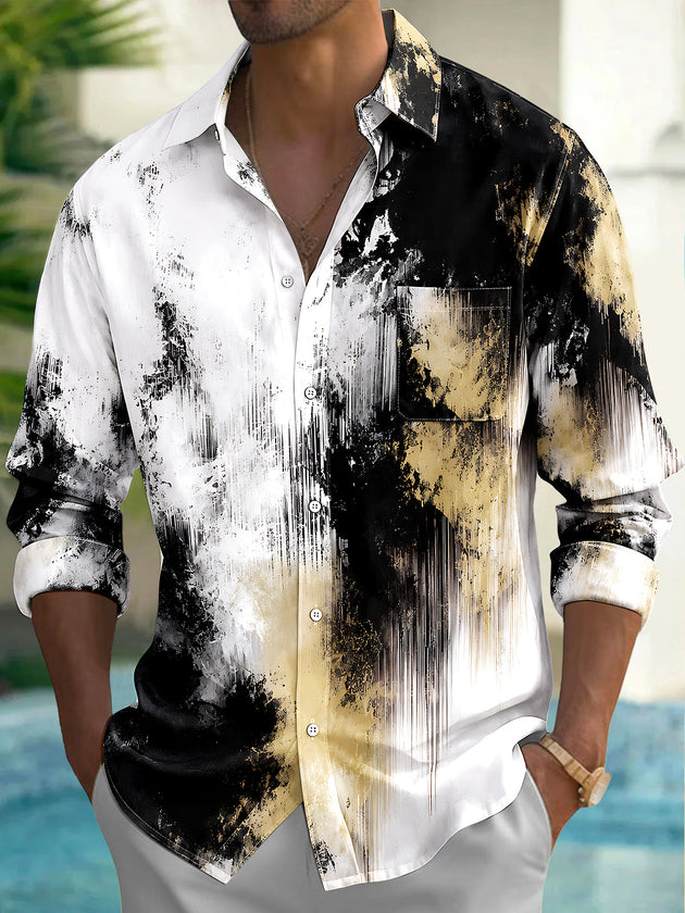 Adaychic Men's Long Sleeve Shirt - Abstract Black And Gold Splatter With Vertical Drips Print with Chest Pocket
