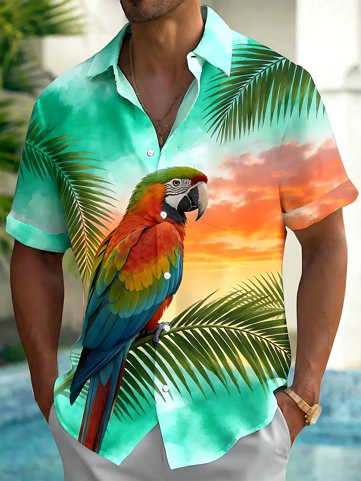 Adaychic Men's Hawaiian Parrot And Palm Leaf Sunset Print Short Sleeve Shirt with Chest Pocket