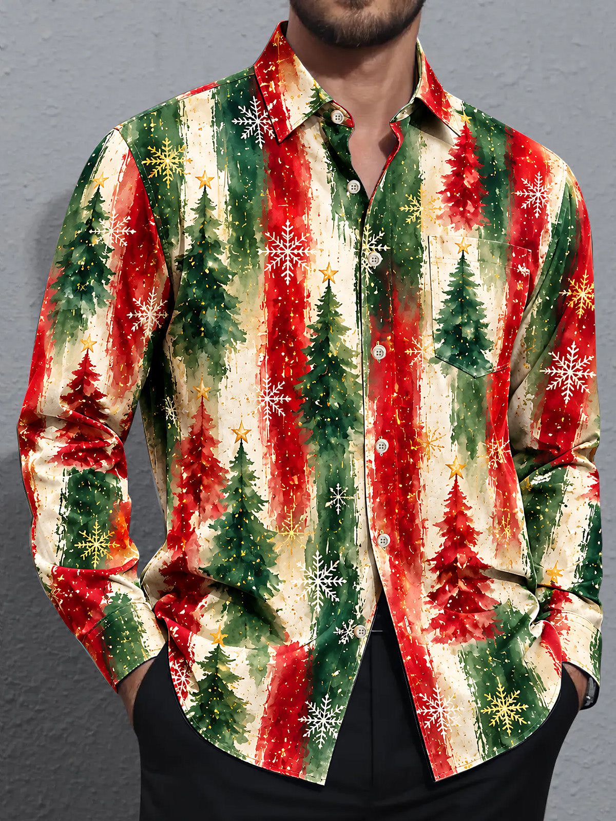 Adaychic Men's Long Sleeve Shirt - Watercolor Christmas Trees And Snowflakes Print with Chest Pocket
