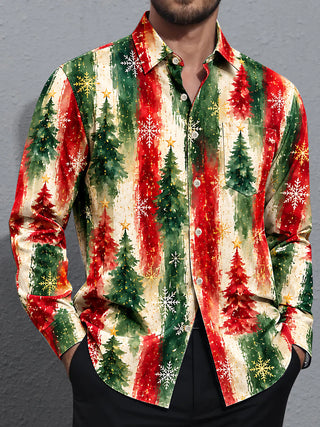 Adaychic Men's Long Sleeve Shirt - Watercolor Christmas Trees And Snowflakes Print with Chest Pocket