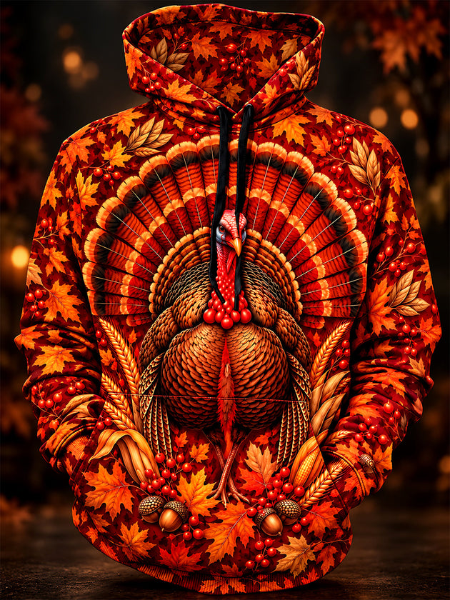 Adaychic Men's Long Sleeve Hoodie - Thanksgiving Turkey With Autumn Leaves And Berries Print