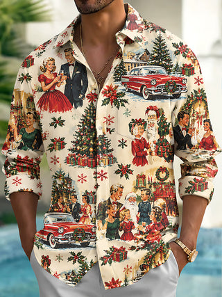 Adaychic Men's Long Sleeve Shirt - Vintage Christmas Scenes With Santa Claus And Families Print with Chest Pocket
