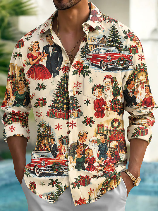 Adaychic Men's Long Sleeve Shirt - Vintage Christmas Scenes With Santa Claus And Families Print with Chest Pocket