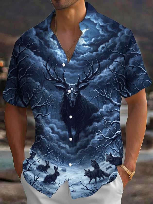 Adaychic Men's Mystical Deer And Night Forest Animals Print Short Sleeve Shirt with Chest Pocket