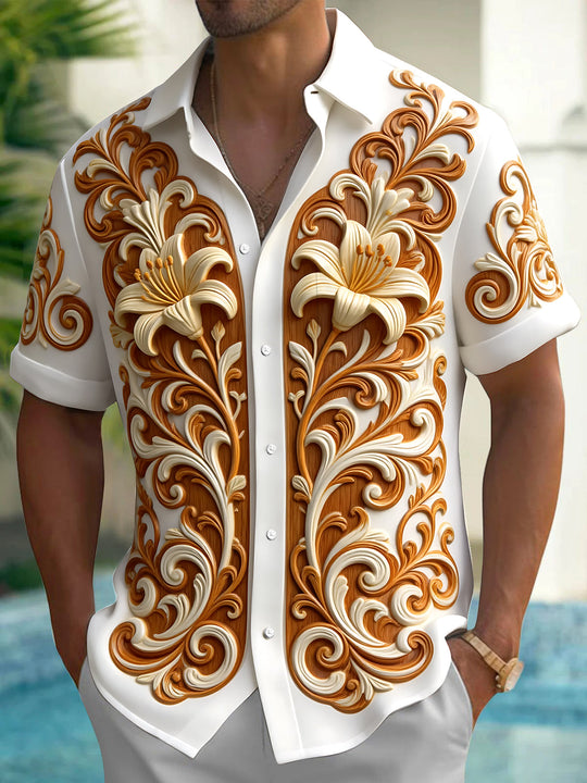 Adaychic Men's 3D Carved Floral Lilies And Scrollwork Print Short Sleeve Shirt with Chest Pocket