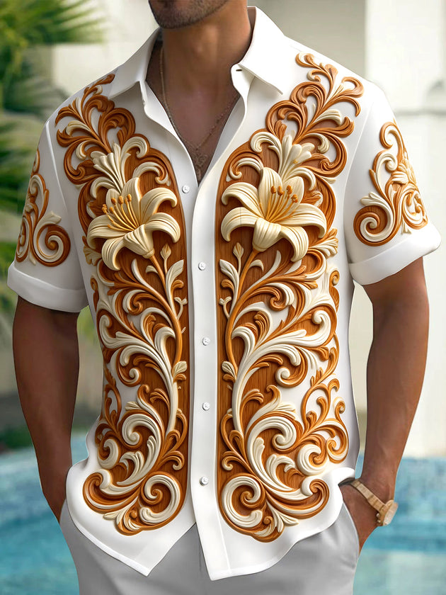Adaychic Men's 3D Carved Floral Lilies And Scrollwork Print Short Sleeve Shirt with Chest Pocket