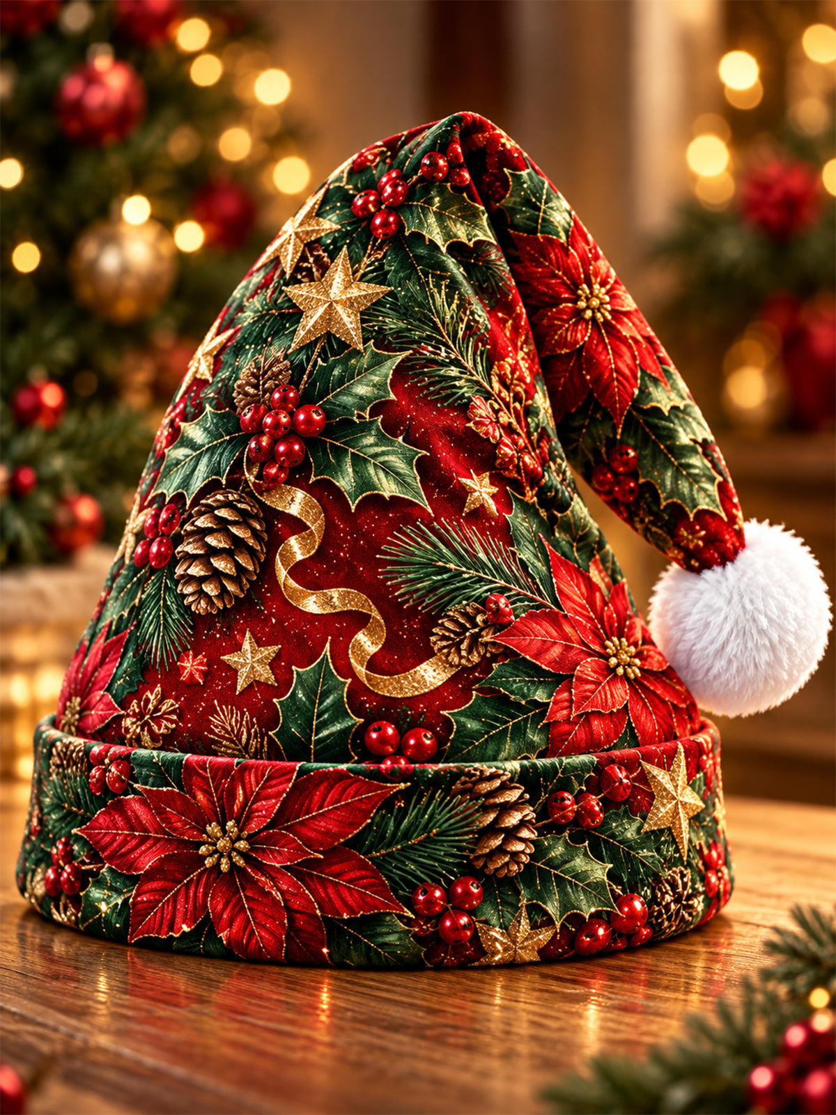 Adaychic Men's Printed Christmas Poinsettia Flowers And Holly Berries Print Hat