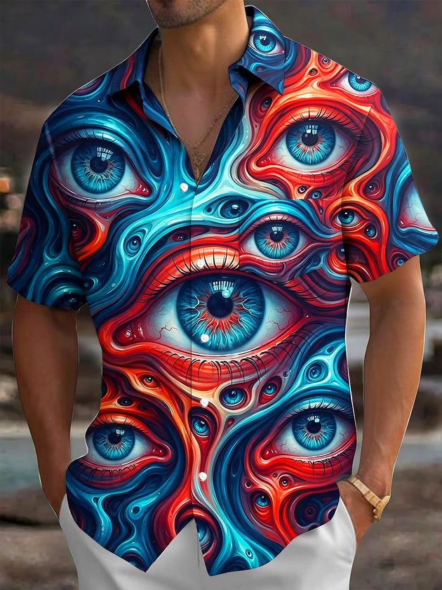 Adaychic Men's Patterned Psychedelic Fluid Multi-eye Pattern Short Sleeve Shirt with Chest Pocket