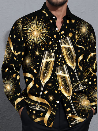 Adaychic Men's New Year Champagne Glasses And Fireworks Print Long Sleeve Shirt with Chest Pocket