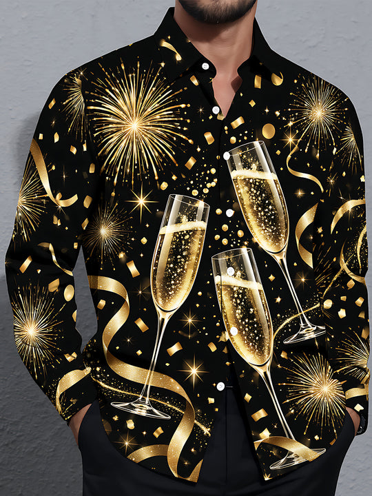 Adaychic Men's New Year Champagne Glasses And Fireworks Print Long Sleeve Shirt with Chest Pocket