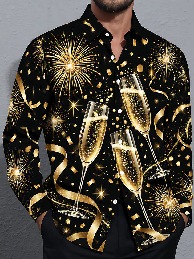 Adaychic Men's New Year Champagne Glasses And Fireworks Print Long Sleeve Shirt with Chest Pocket