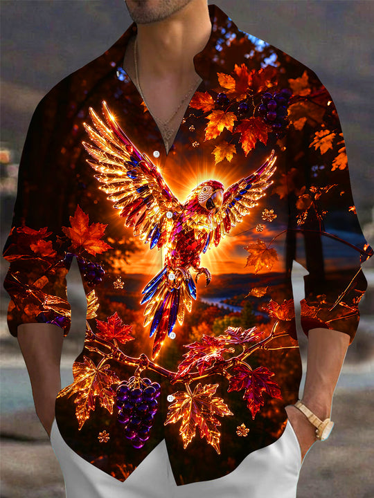 Adaychic Men's Long Sleeve Shirt - Crystal Parrot With Autumn Leaves And Grapes Print with Chest Pocket