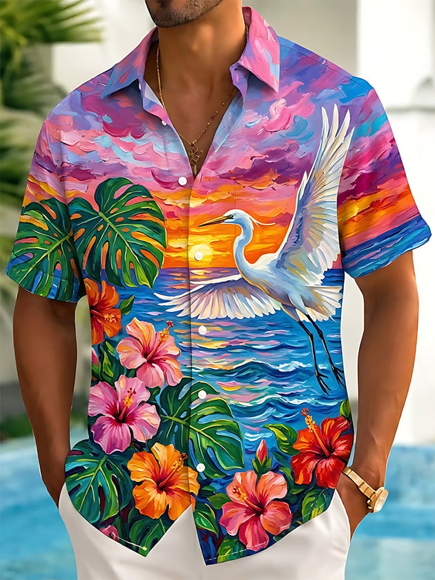 Adaychic Men's White Heron Bird Over Sunset Ocean Print Short Sleeve Shirt with Chest Pocket