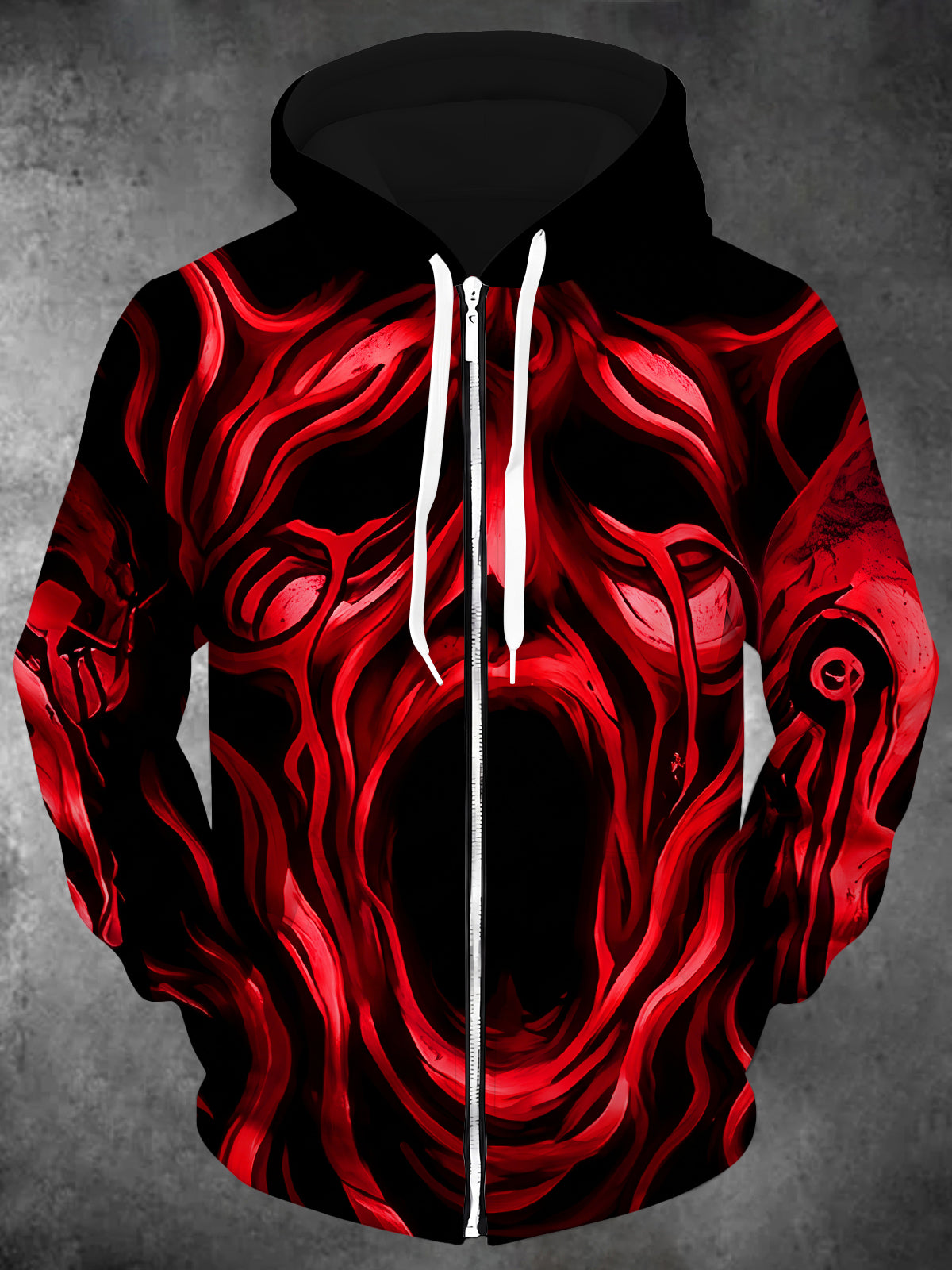 Adaychic Men's Long Sleeve Zip-Up Hoodie - Abstract Scream Face With Blood Texture Print