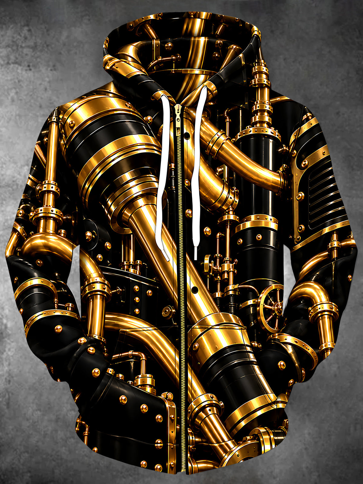 Adaychic Men's Long Sleeve Zip-Up Hoodie - Steampunk Mechanical Pipes And Gears Print