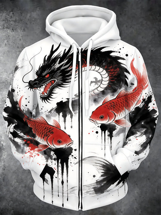 Adaychic Men's Graphic Dragon And Koi Fish Print Long Sleeve Zip-Up Hoodie