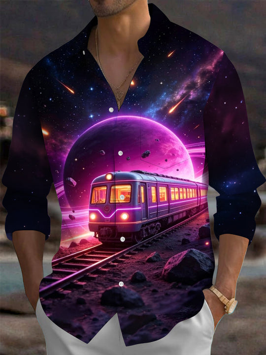 Adaychic Men's Graphic Space Planet And Train Print Long Sleeve Shirt with Chest Pocket
