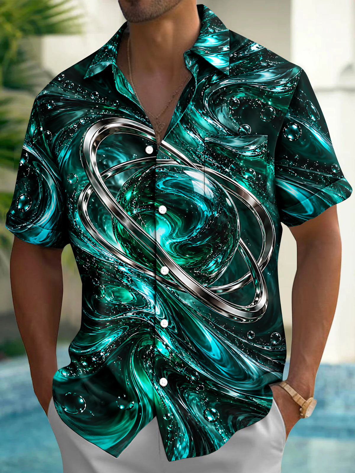 Adaychic Men's Short Sleeve Shirt - Abstract Swirling Liquid And Metallic Rings Print with Chest Pocket