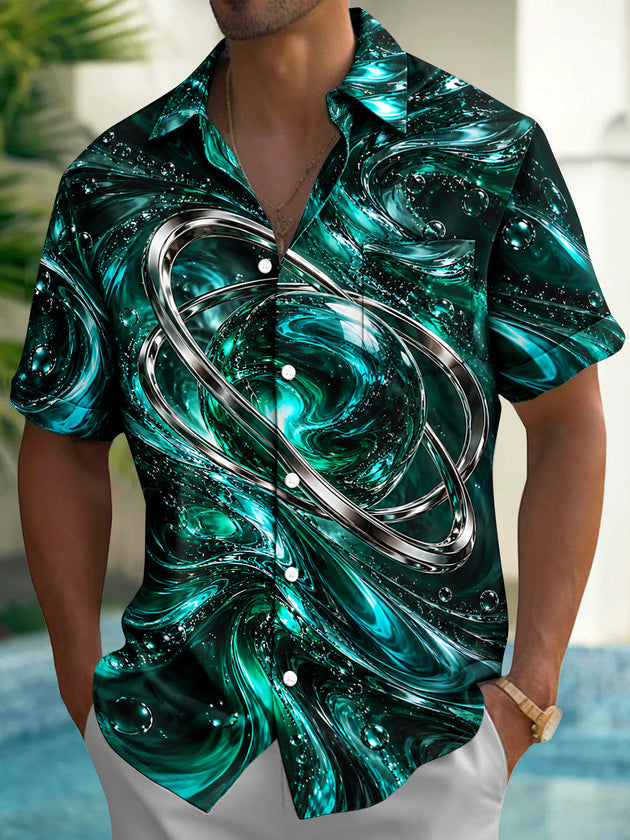 Adaychic Men's Short Sleeve Shirt - Abstract Swirling Liquid And Metallic Rings Print with Chest Pocket
