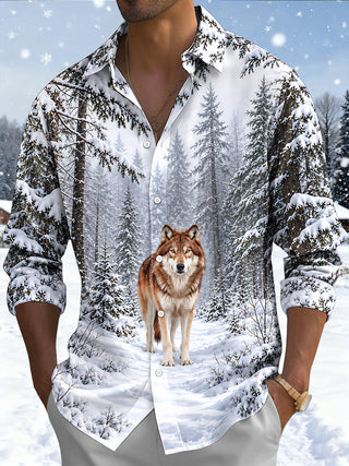 Adaychic Men's Printed Wolf In Snowy Forest Print Long Sleeve Shirt with Chest Pocket