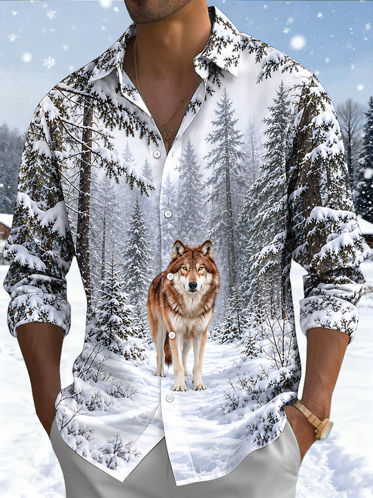 Adaychic Men's Printed Wolf In Snowy Forest Print Long Sleeve Shirt with Chest Pocket