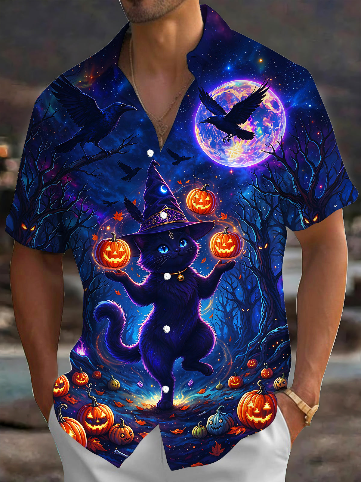 Adaychic Men's Halloween Black Cat And Pumpkins Print Short Sleeve Shirt with Chest Pocket