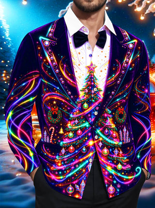 Adaychic Men's Long Sleeve Shirt - Neon Christmas Tree With Ornaments And Wreaths Print with Chest Pocket