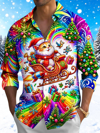 Adaychic Men's Graphic Christmas Cat In Rocket Sleigh Print Long Sleeve Shirt with Chest Pocket