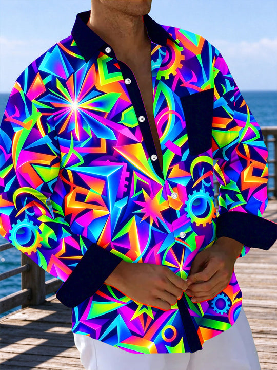Adaychic Men's Neon Geometric Gears And Abstract Shapes Print Long Sleeve Shirt with Chest Pocket