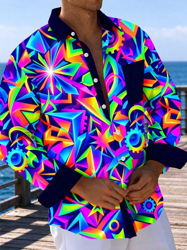 Adaychic Men's Neon Geometric Gears And Abstract Shapes Print Long Sleeve Shirt with Chest Pocket