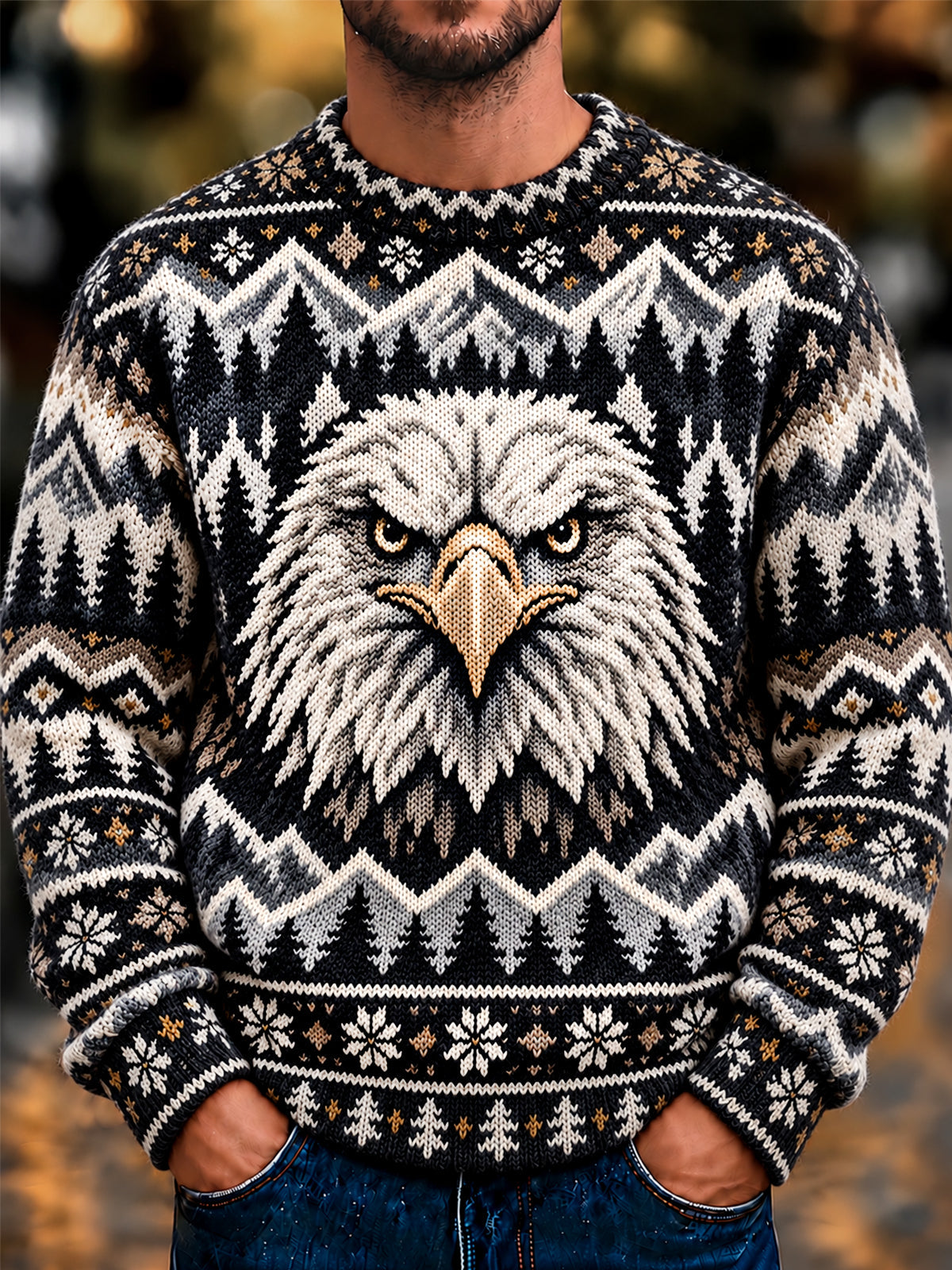 Adaychic Men's Vintage Style Bald Eagle Face Print Long Sleeve Sweater