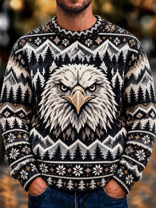 Adaychic Men's Vintage Style Bald Eagle Face Print Long Sleeve Sweater