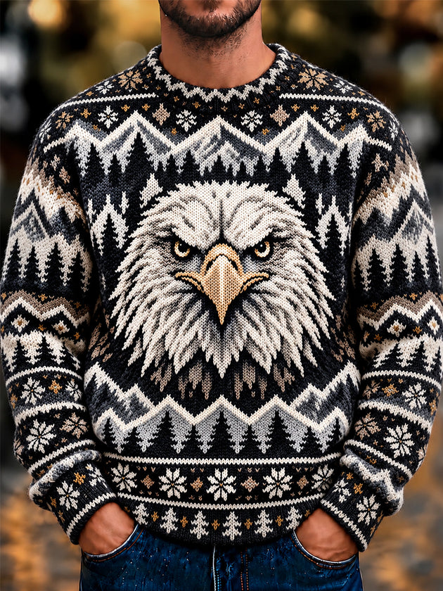 Adaychic Men's Vintage Style Bald Eagle Face Print Long Sleeve Sweater