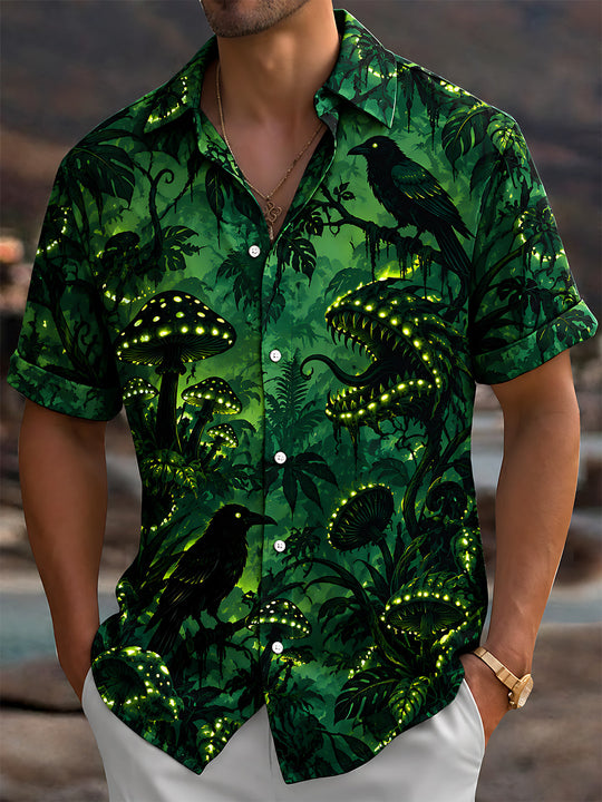Adaychic Men's Glowing Forest Mushrooms And Crows Print Short Sleeve Shirt with Chest Pocket