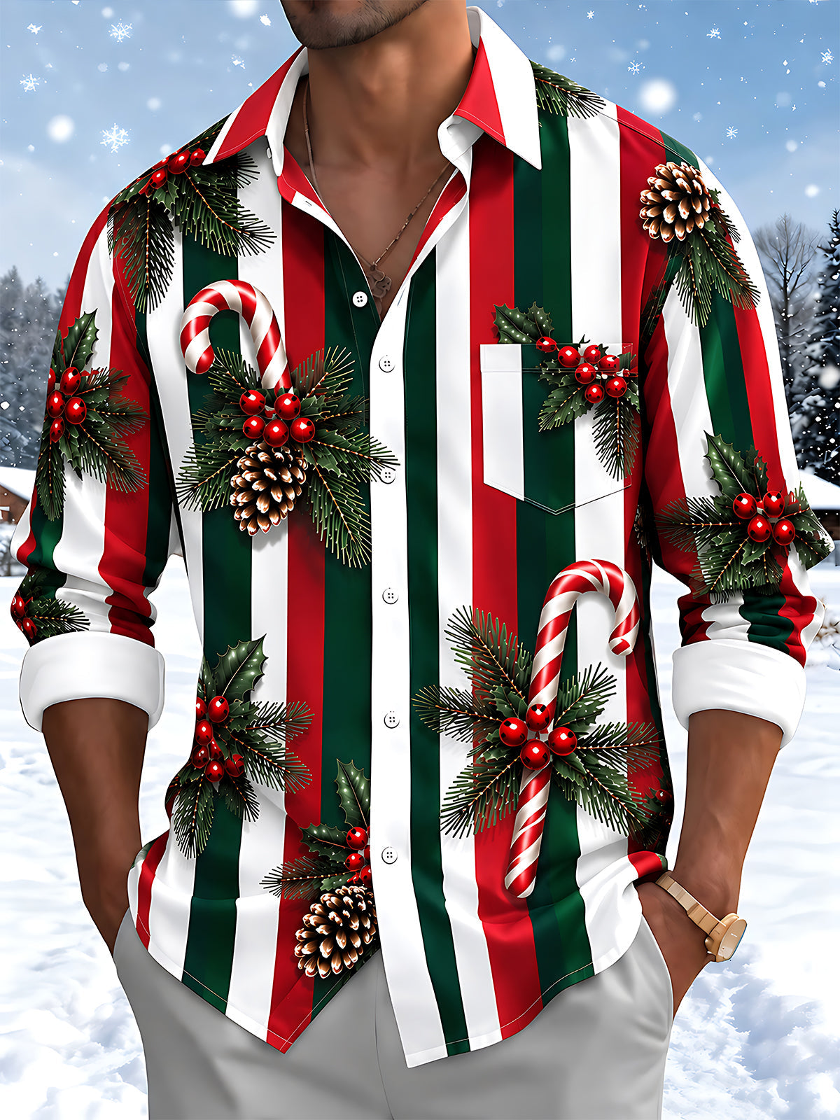 Adaychic Men's Christmas Candy Canes And Pine Cones Print Long Sleeve Shirt with Chest Pocket