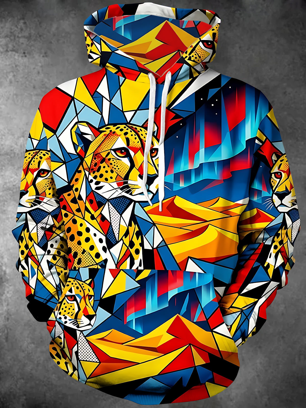 Adaychic Men's Printed Geometric Cheetah Faces Print Long Sleeve Hoodie