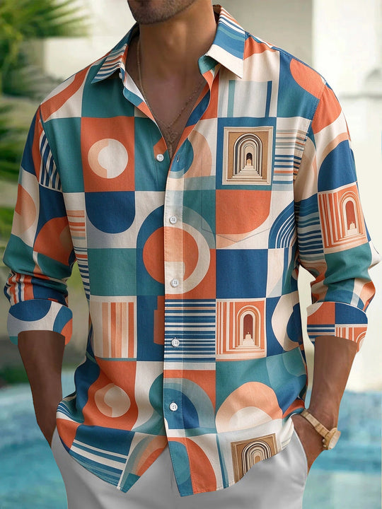 Adaychic Men's Patterned Geometric Shapes And Archways Print Long Sleeve Shirt with Chest Pocket