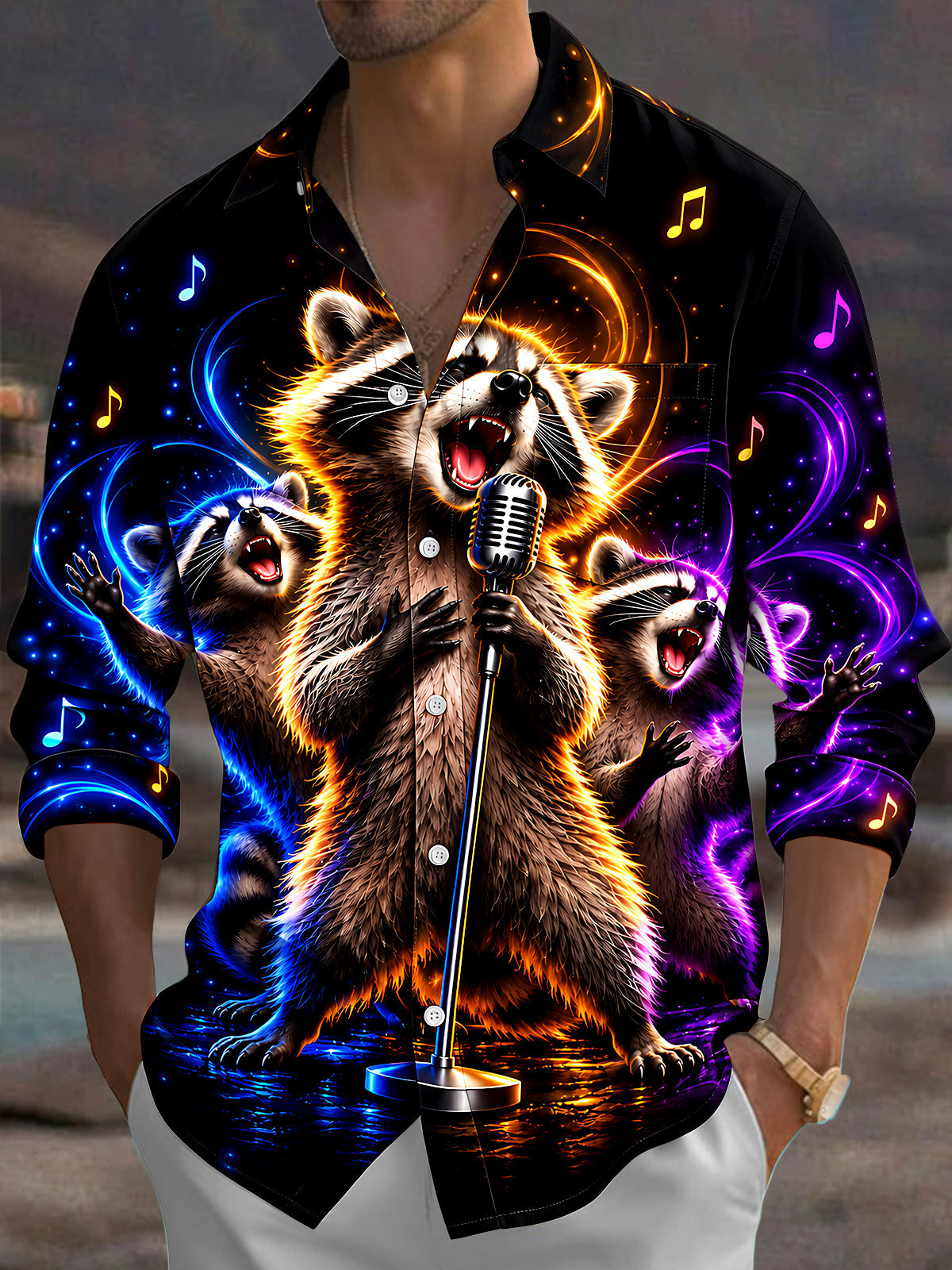 Adaychic Men's Long Sleeve Shirt - Singing Raccoons With Microphone And Musical Notes Print with Chest Pocket