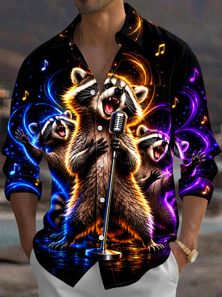 Adaychic Men's Long Sleeve Shirt - Singing Raccoons With Microphone And Musical Notes Print with Chest Pocket