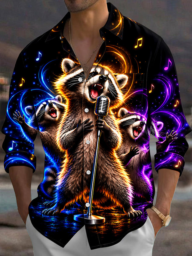 Adaychic Men's Long Sleeve Shirt - Singing Raccoons With Microphone And Musical Notes Print with Chest Pocket