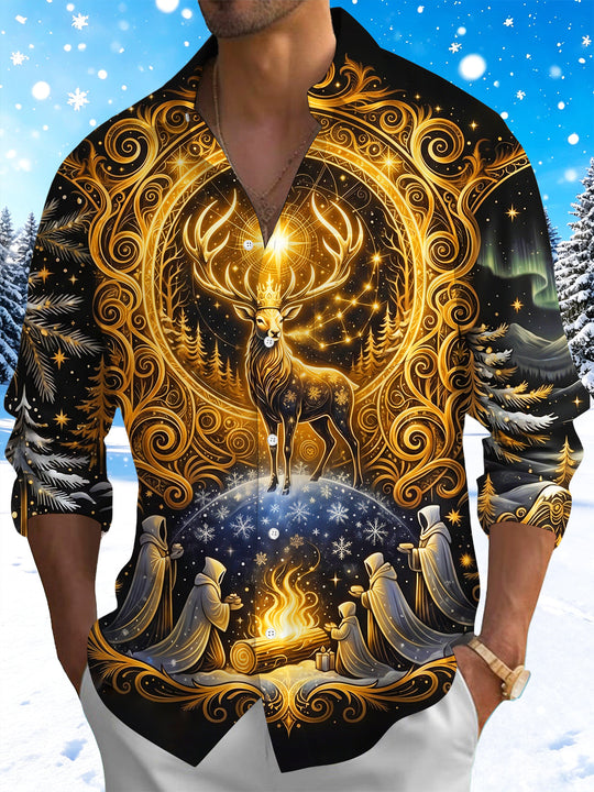 Adaychic Men's Graphic Golden Crowned Deer And Bonfire Print Long Sleeve Shirt with Chest Pocket