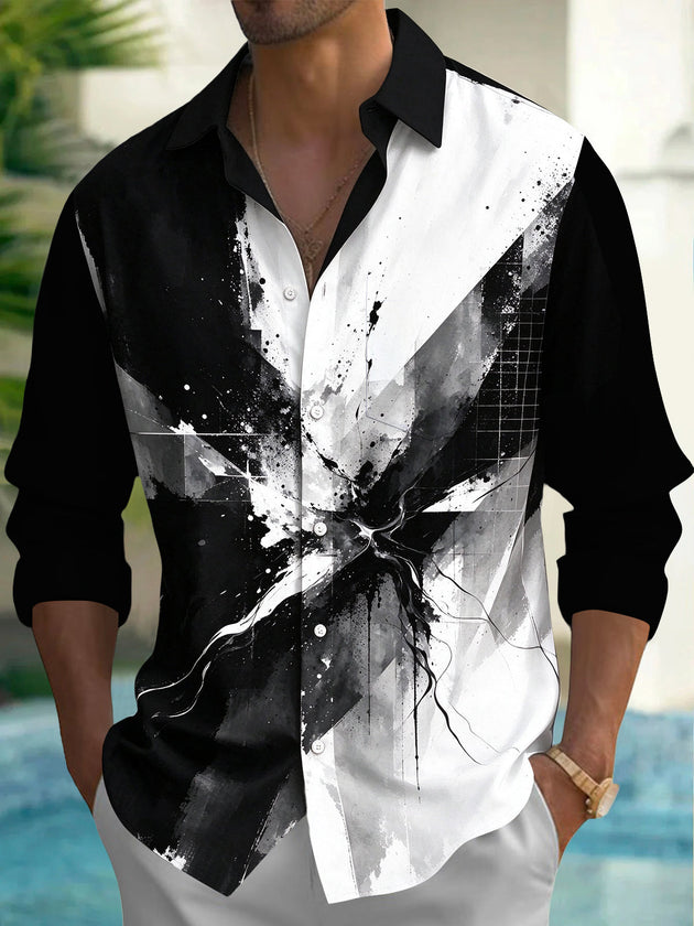 Adaychic Men's Long Sleeve Shirt - Abstract Black And White Ink Splatter With Geometric Grid Print with Chest Pocket