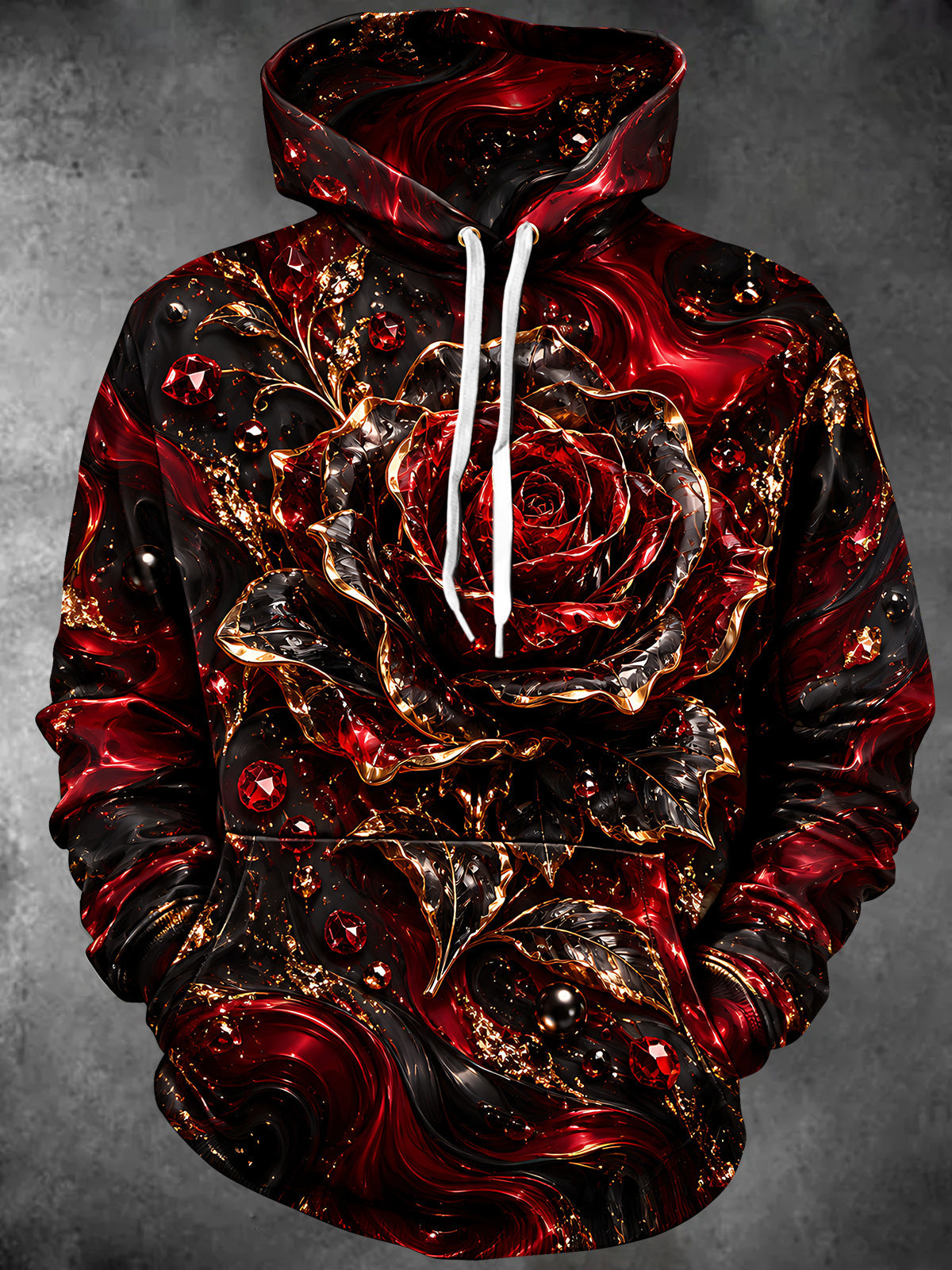 Adaychic Men's Long Sleeve Hoodie - 3D Red Rose With Gold Accents And Swirls Print