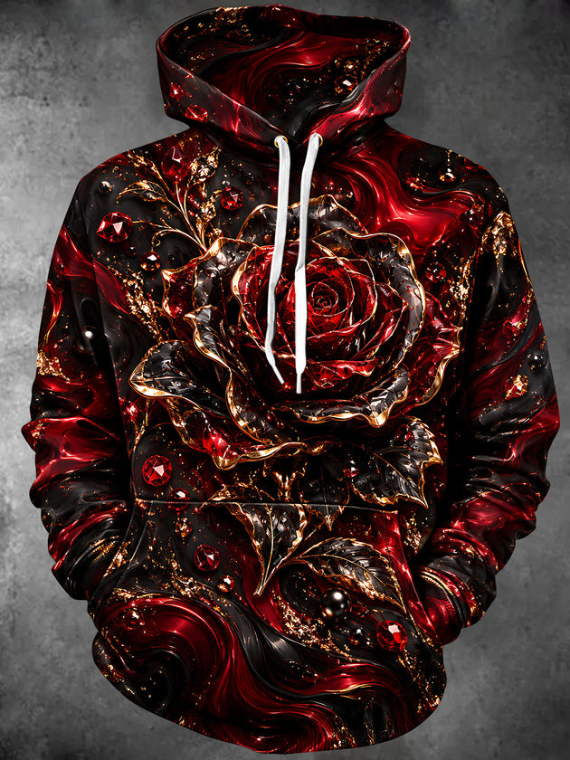 Adaychic Men's Long Sleeve Hoodie - 3D Red Rose With Gold Accents And Swirls Print