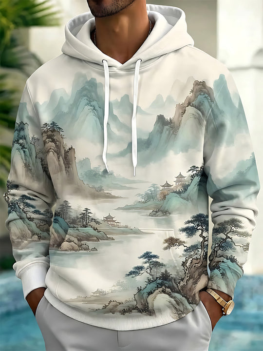 Adaychic Men's Graphic Landscape Scroll Painting Print Long Sleeve Hoodie